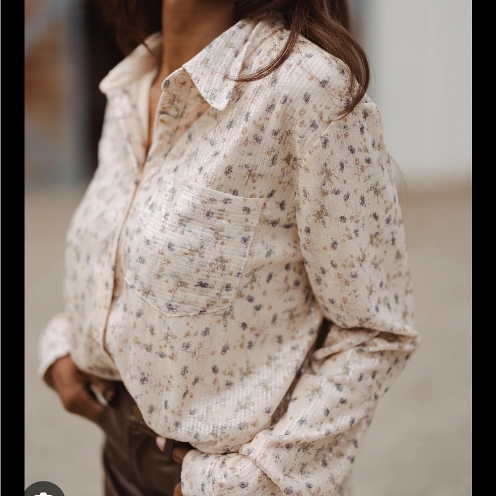 Ivy City Co Floral Button Down Shirt - Cream and Gray